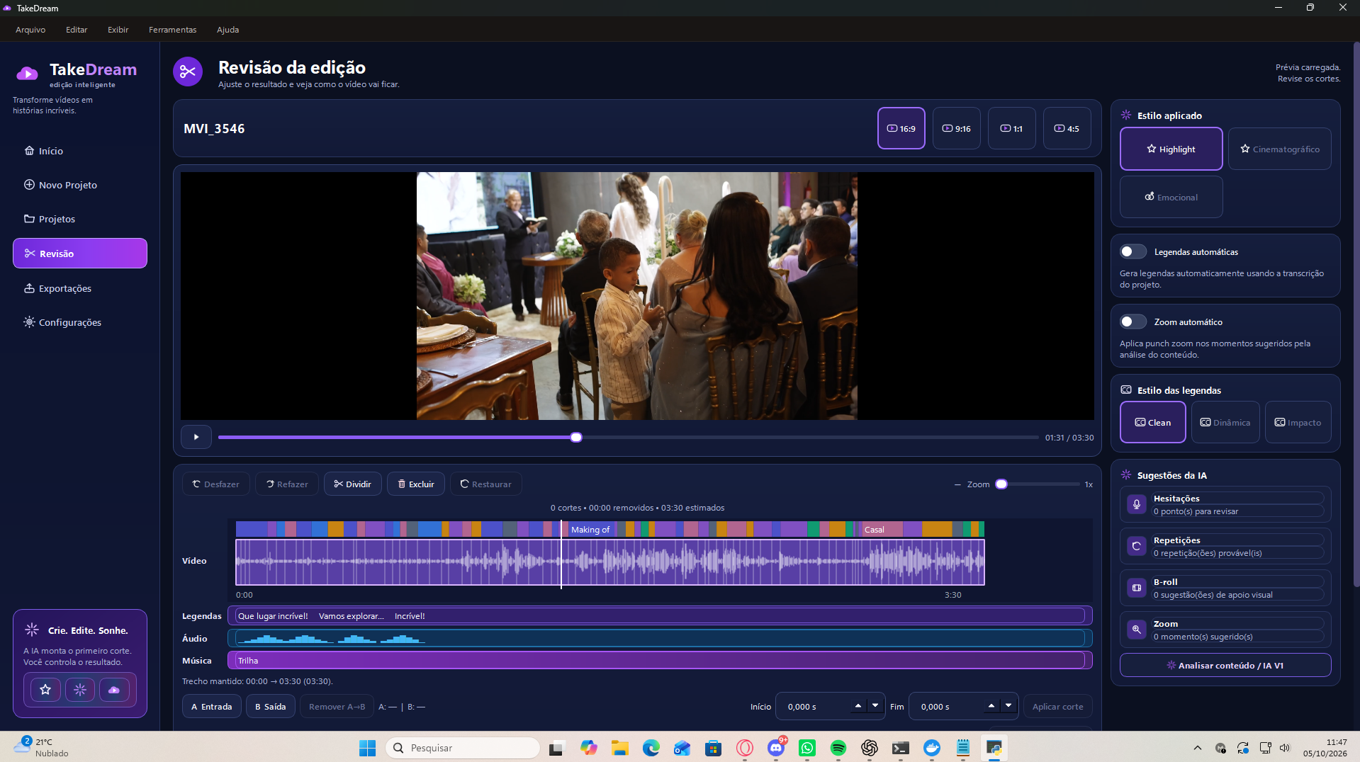 TakeDream — revisão com player e timeline